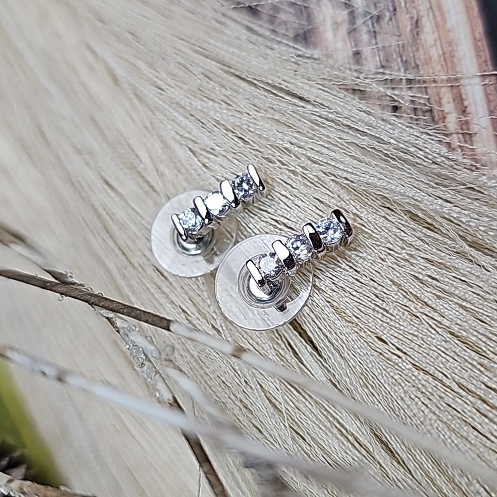 SILVER THREE ROW CZ STUD EARRINGS - Picture 2 of 8